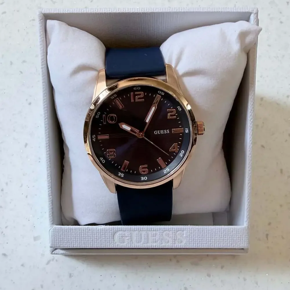 Guess Monte Analog Watch for Men w Blue Silicone Strap and Rose Gold Tone Case